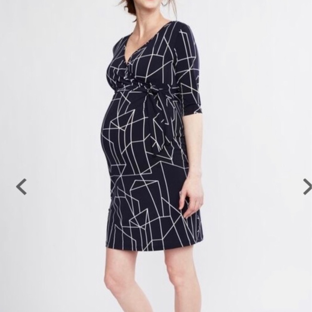 Ripe Maternity navy faux wrap geometric dress f1